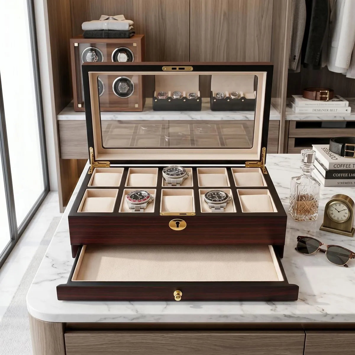 Full-front perspective of a cherry wood watch box with extra storage drawer, open to display watches inside, set in a bright, luxurious dressing room with upscale decor.