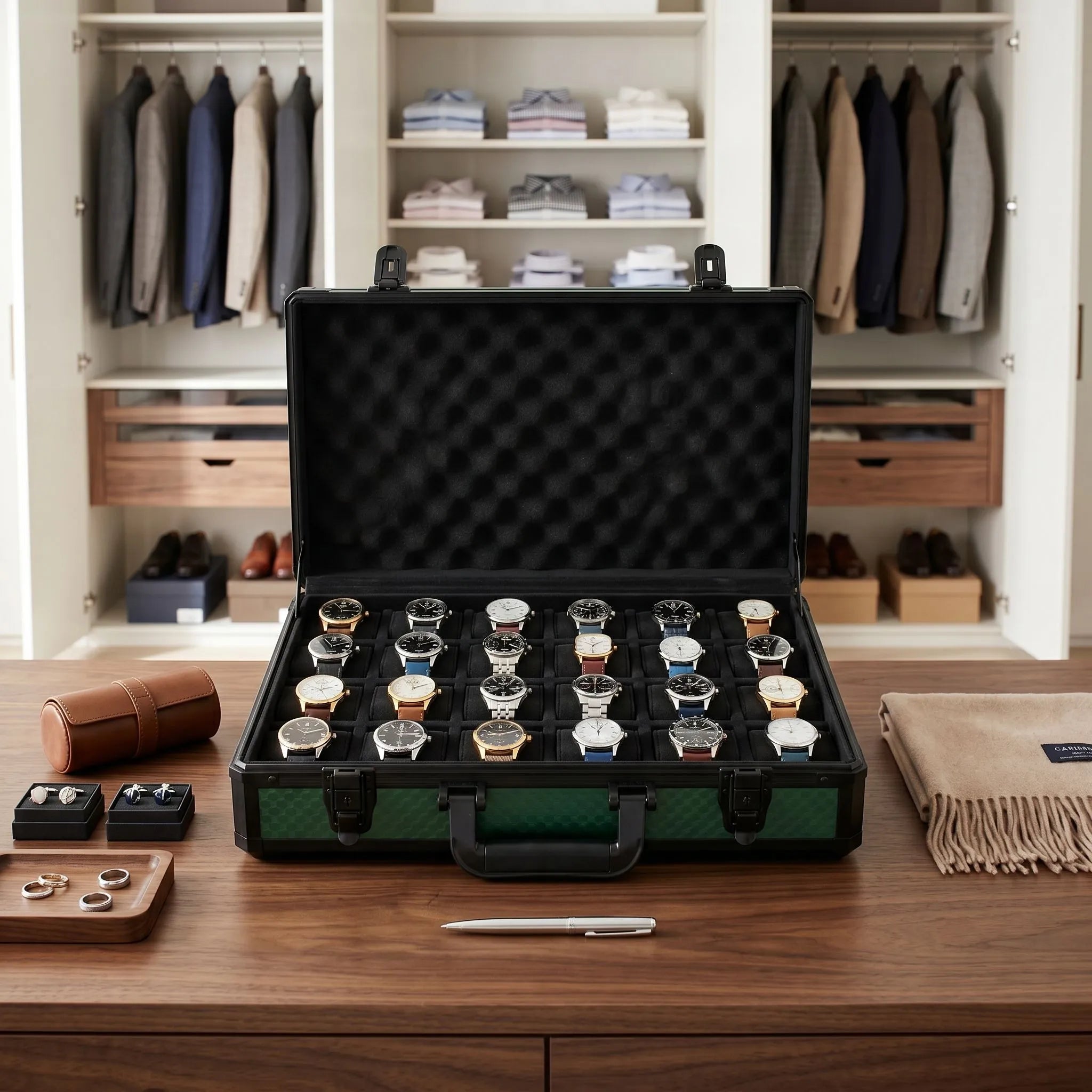 Full frontal of elegant green 24-watch briefcase by Tempus on wooden surface, highlighting size, structured shape, and organized interior with watch props.