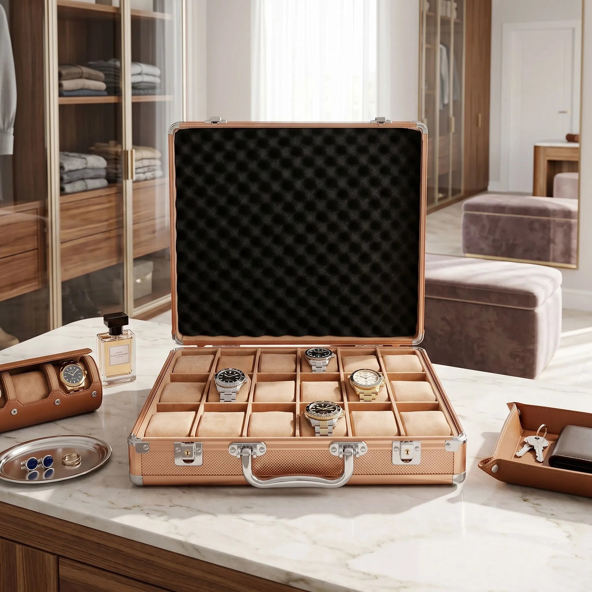Full frontal view of rose gold watch briefcase on dressing table in bright walk-in closet, showcasing craftsmanship and elegant props.