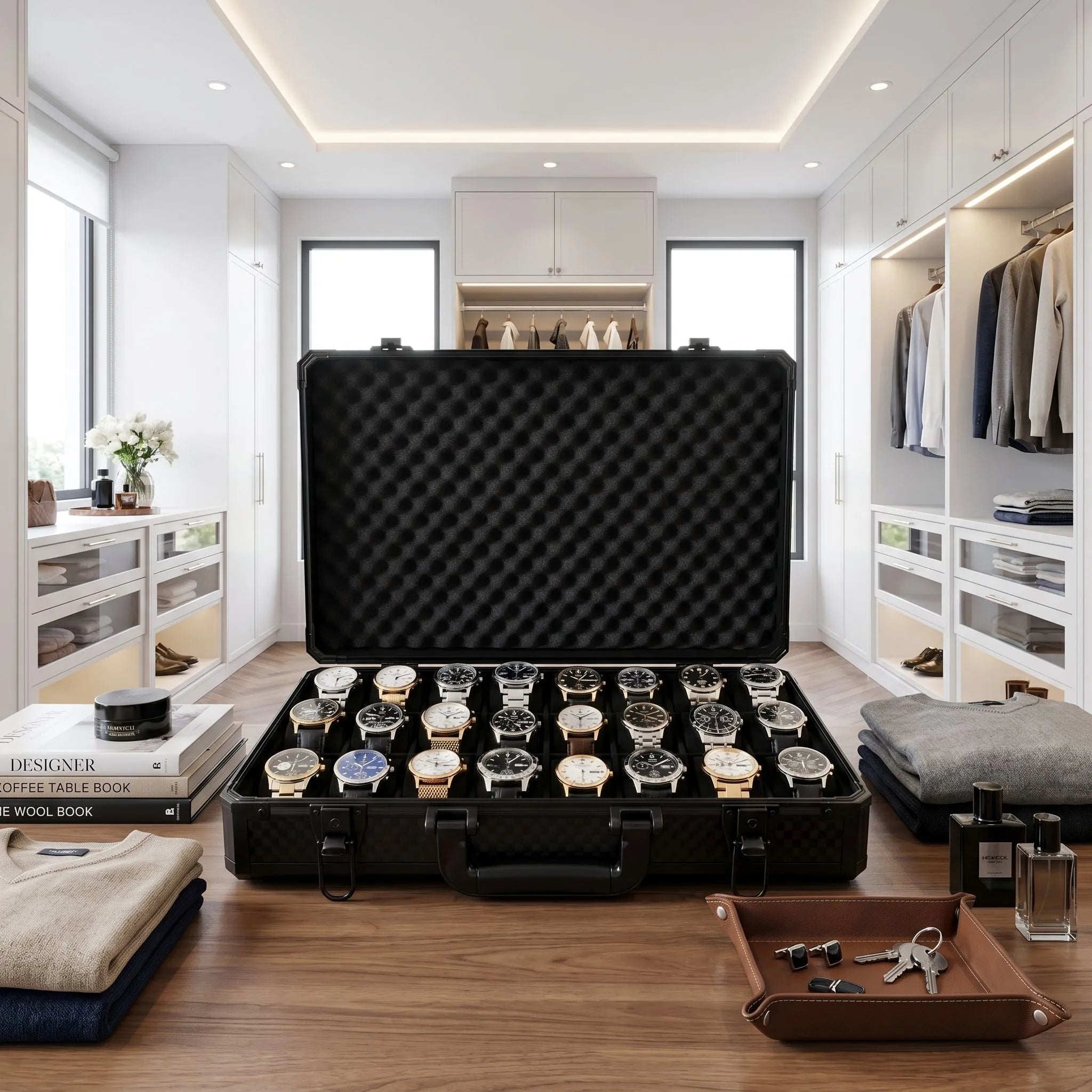Open 24-watch briefcase in a bright modern dressing room, showing individual watch compartments, structured shape, and premium craftsmanship.