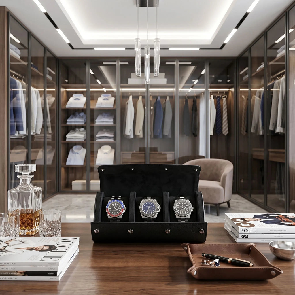Full shot of black saffiano leather watch roll on glossy wooden surface in a spacious, luxe dressing room with stylish props.