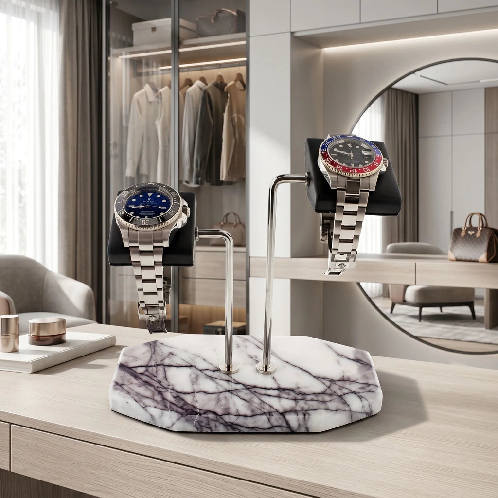 Full view of Tempus marble watch stand with violet veins in stylish bright walk-in dressing area with props.