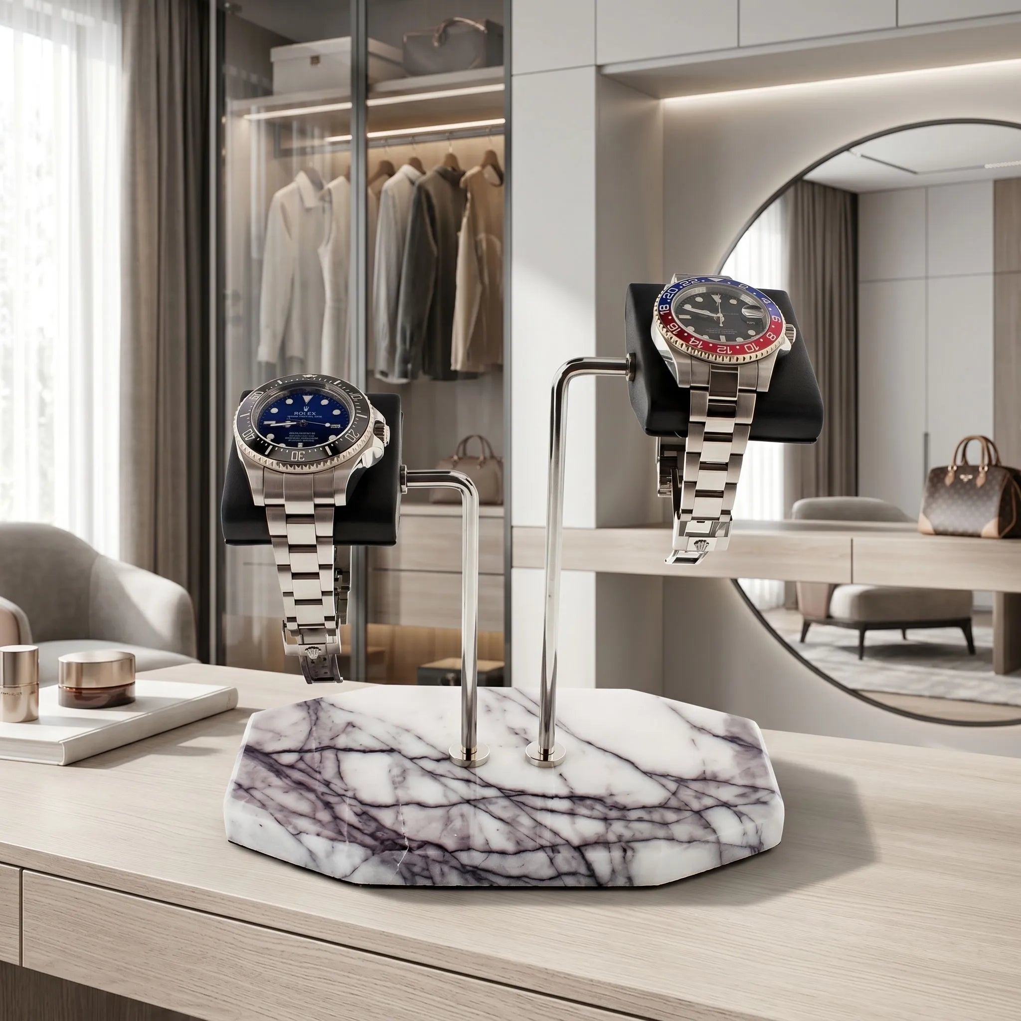 Full view of Tempus marble watch stand with violet veins in stylish bright walk-in dressing area with props.