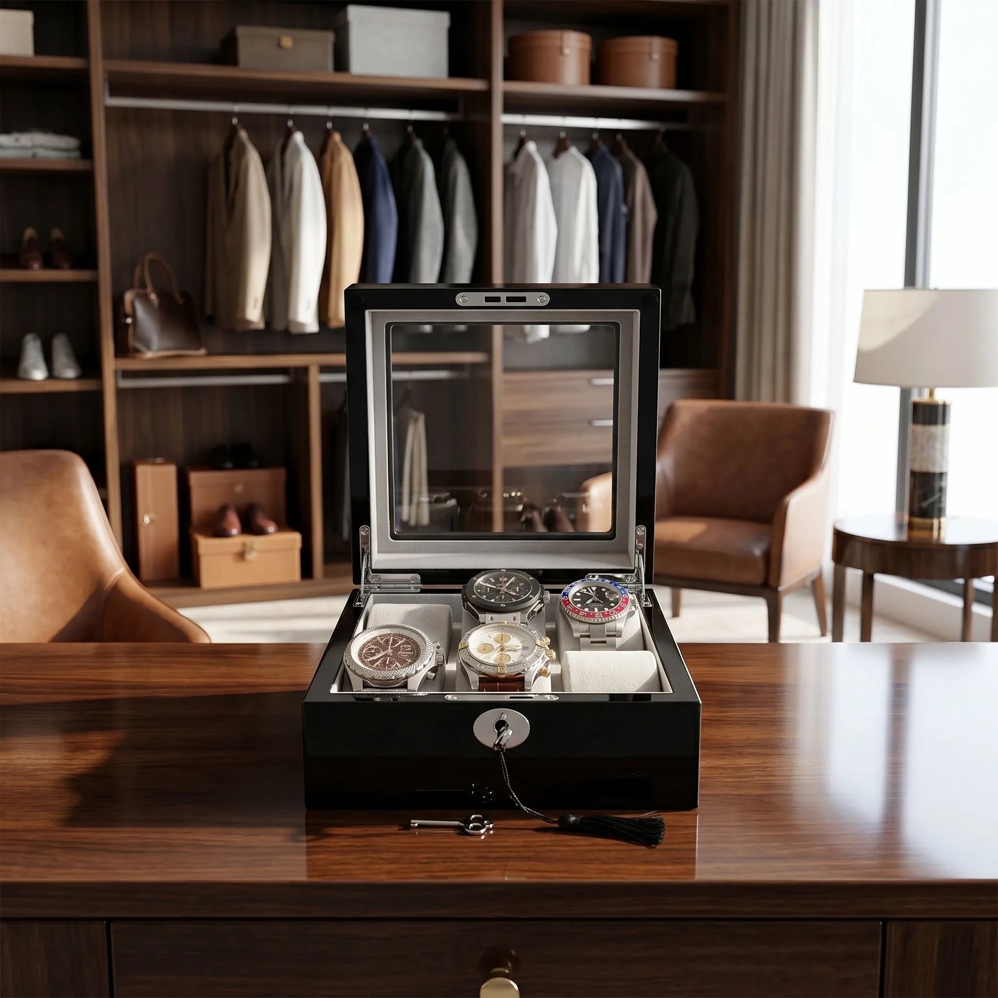 Full shot of a 6-watch black glossy box on a wooden vanity in a bright luxurious dressing room with dress and leather chair