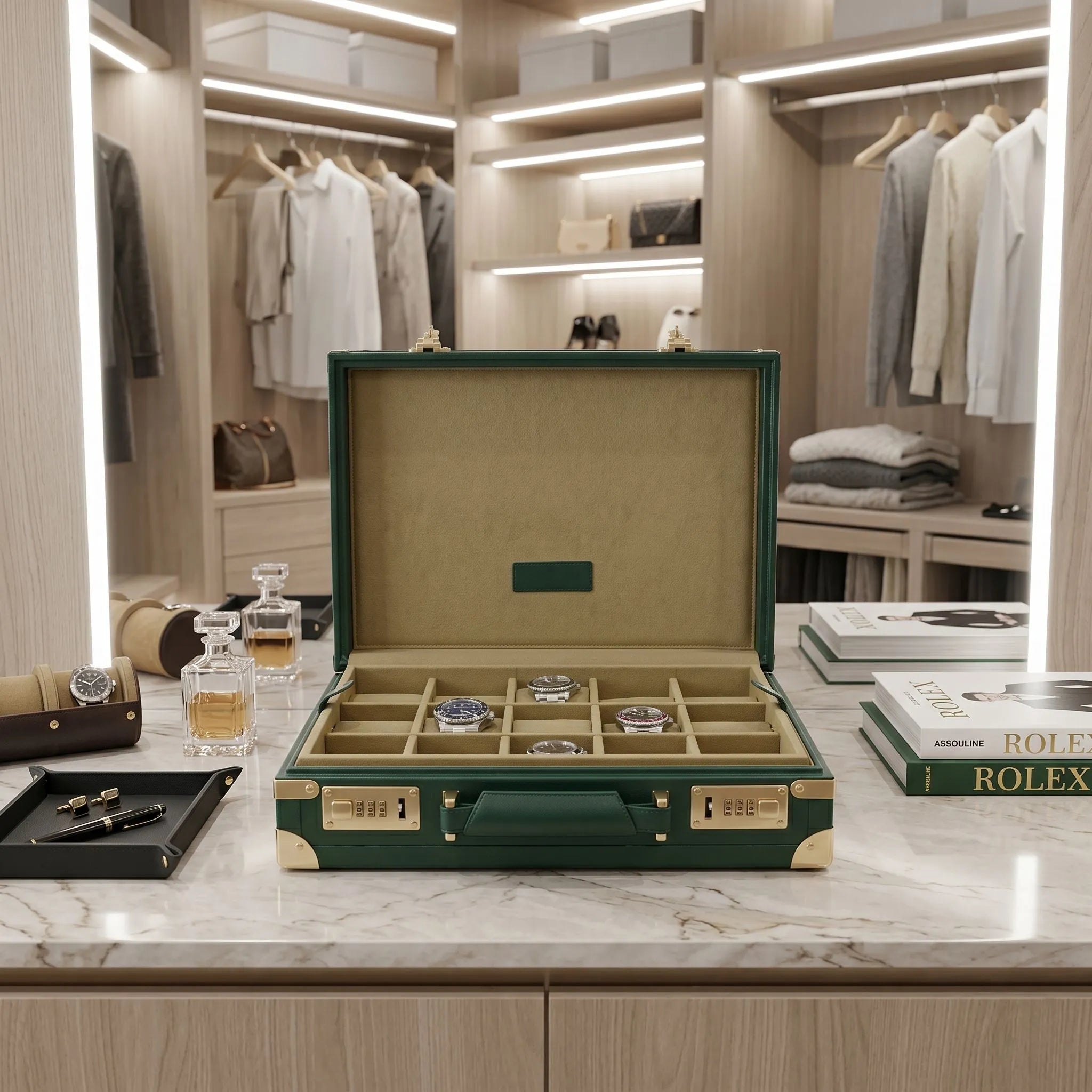 Open green leather 15 watch briefcase with organized watches in a luxurious dressing room setting on a sleek dressing table.