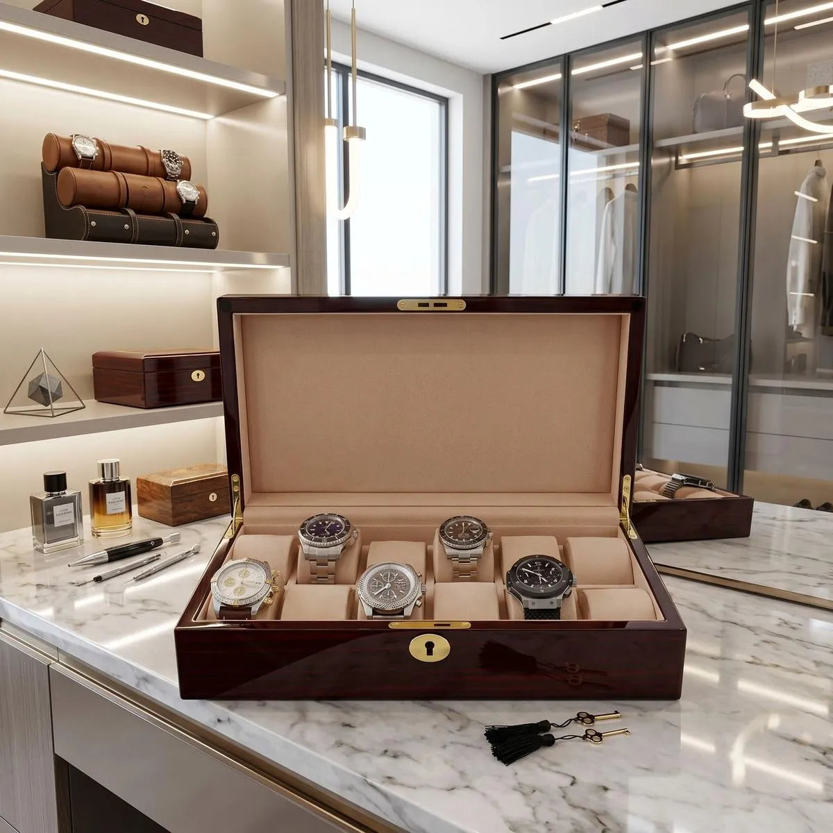 Stylish cherry wood 12-watch box with high-gloss finish on reflective surface in a bright dressing room.