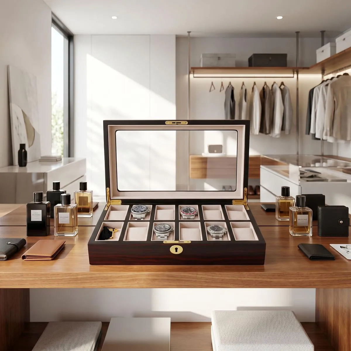 Full view of the oval-shaped cherry wood watch box on a polished dressing room shelf, emphasizing its size and glossy satin finish in a bright modern space.