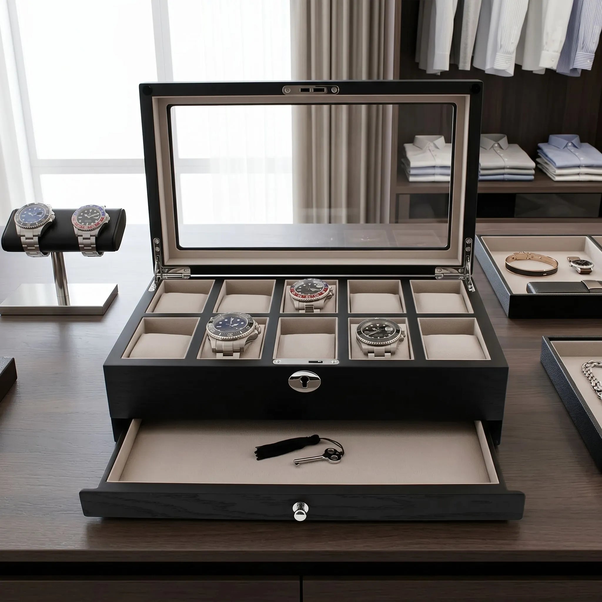 Full view of a premium black oak veneer watch box in a luxurious dressing room, showing its size and design with nearby props for scale.