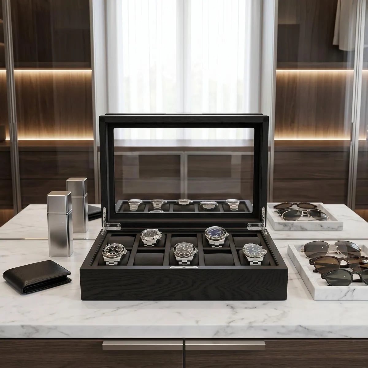 Front view of Tempus luxury watch box in a modern dressing room, showcasing cushioned slots for 10 watches, wood grain, and suede lining.