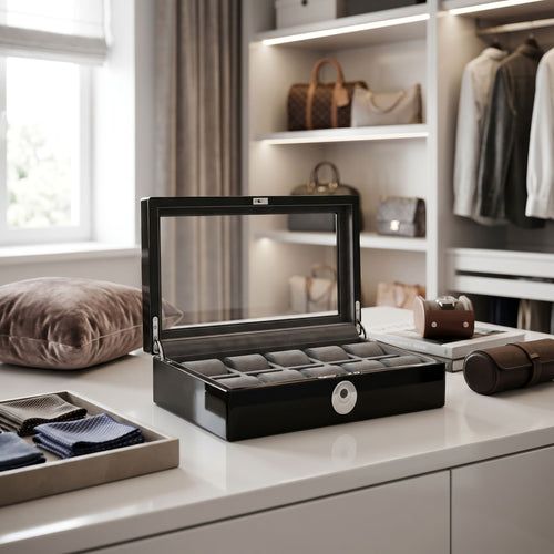 Elegant black piano finish watch box with glass lid and biometric lock displayed in a bright, modern dressing room setup.