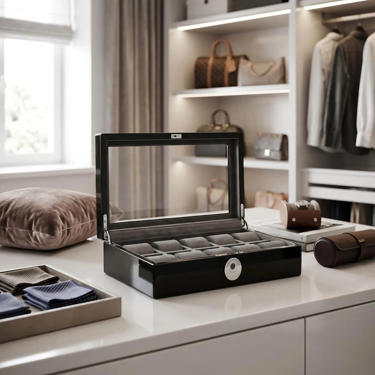 Elegant black piano finish watch box with glass lid and biometric lock displayed in a bright, modern dressing room setup.