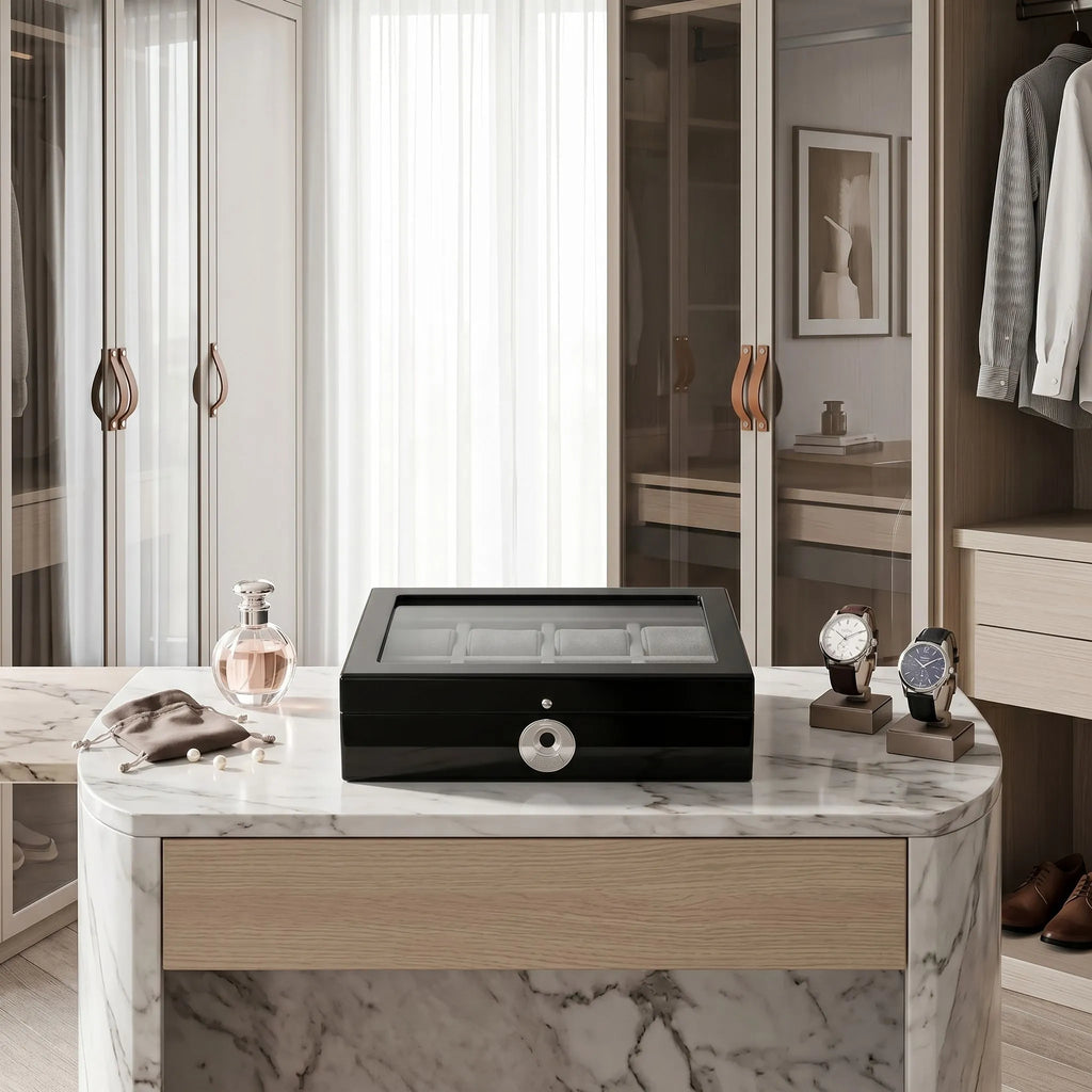 Elegant Tempus 8 watch box with biometric lock and glass lid in a luxurious walk-in dressing room.