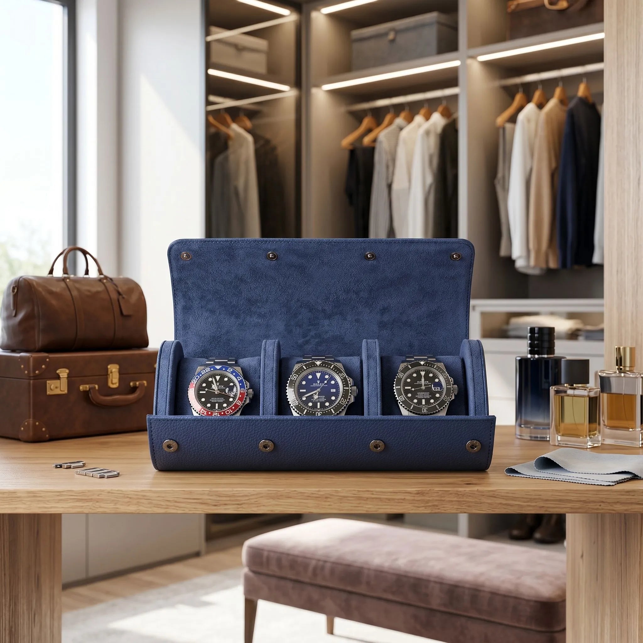 Close-up of blue vegan leather triple watch roll with suede lining in a sophisticated walk-in dressing room setting, highlighting stitching and texture.