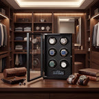 Tempus 6 watch winder with touch screen technology in a bright, luxurious walk-in dressing room with elegant props and lighting.