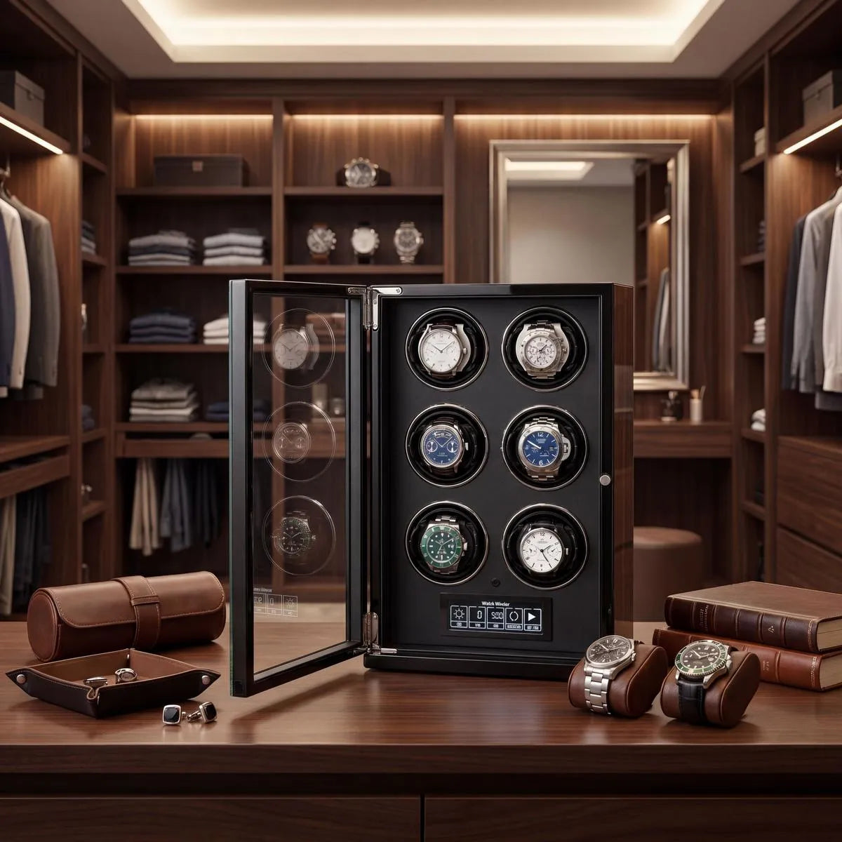 Tempus 6 watch winder with touch screen technology in a bright, luxurious walk-in dressing room with elegant props and lighting.
