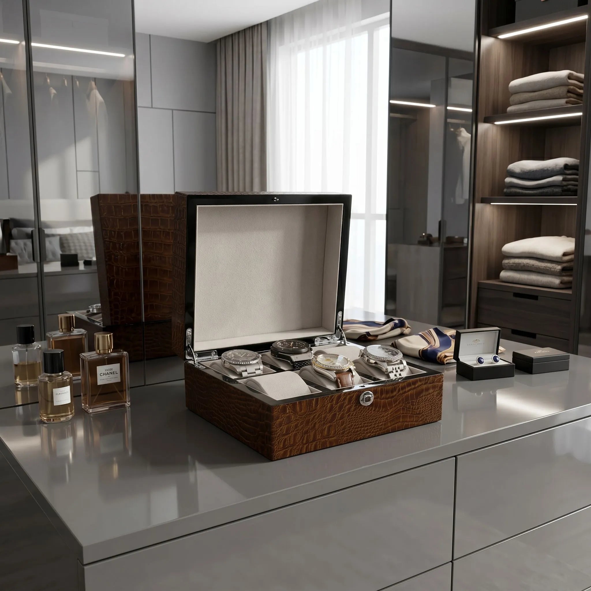 Front view of a 6-watch box with brown crocodile pattern, in a modern walk-in dressing room with props and elegant decor.