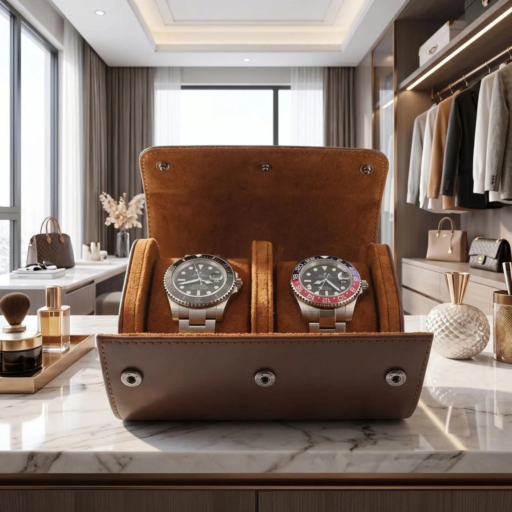 Close-up of premium brown vegan leather watch roll with soft tan suede lining in a bright luxurious walk-in dressing room.
