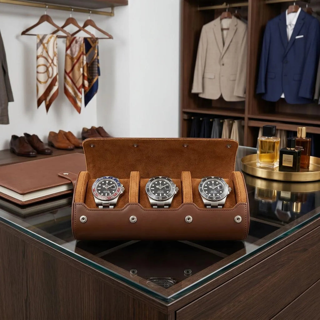 Close-up of a premium brown vegan leather watch roll with soft tan suede lining, showcased in a bright walk-in dressing room with luxury props.