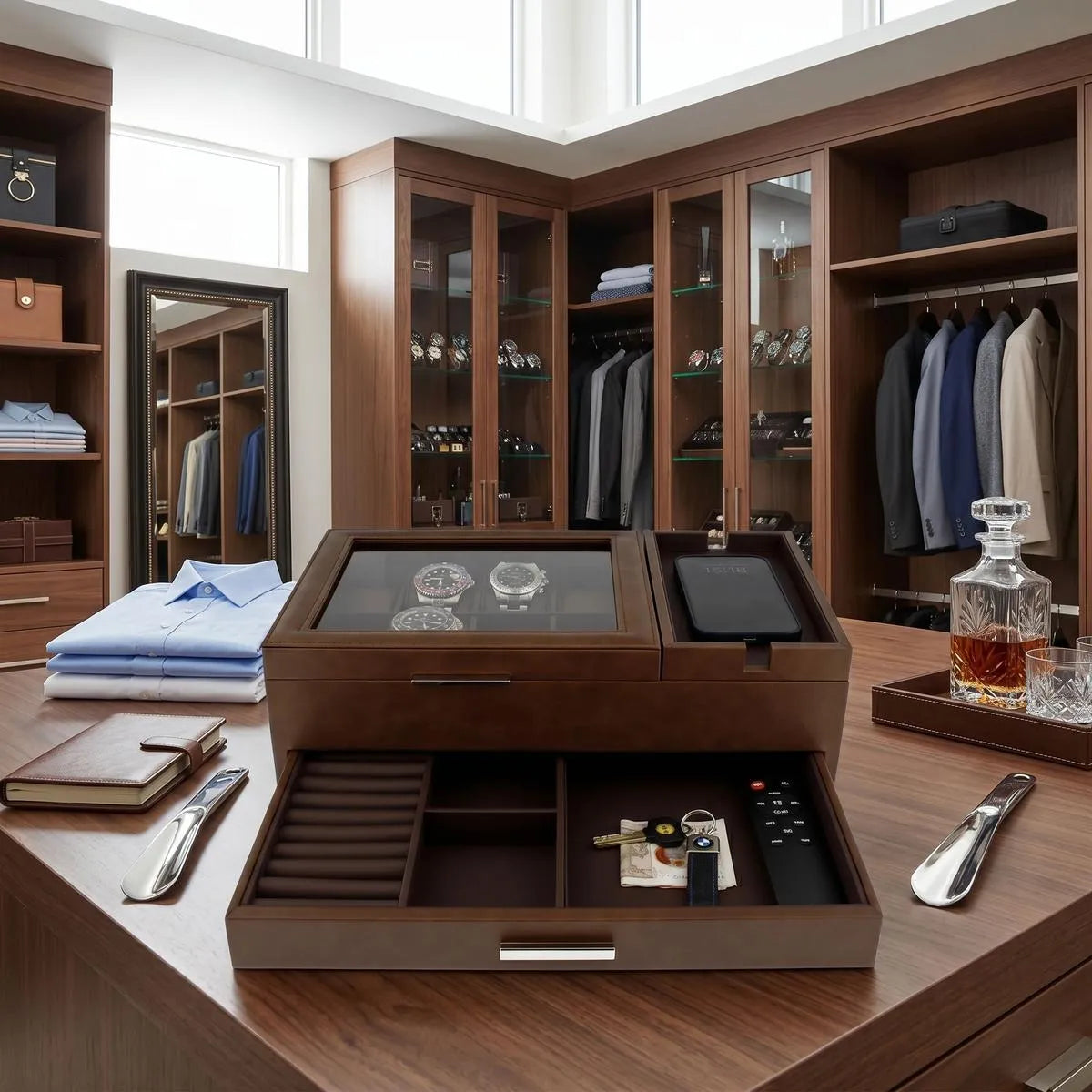 Large brown vegan leather valet tray with eight watch slots, mobile phone section, and storage for accessories in a bright, modern dressing room.