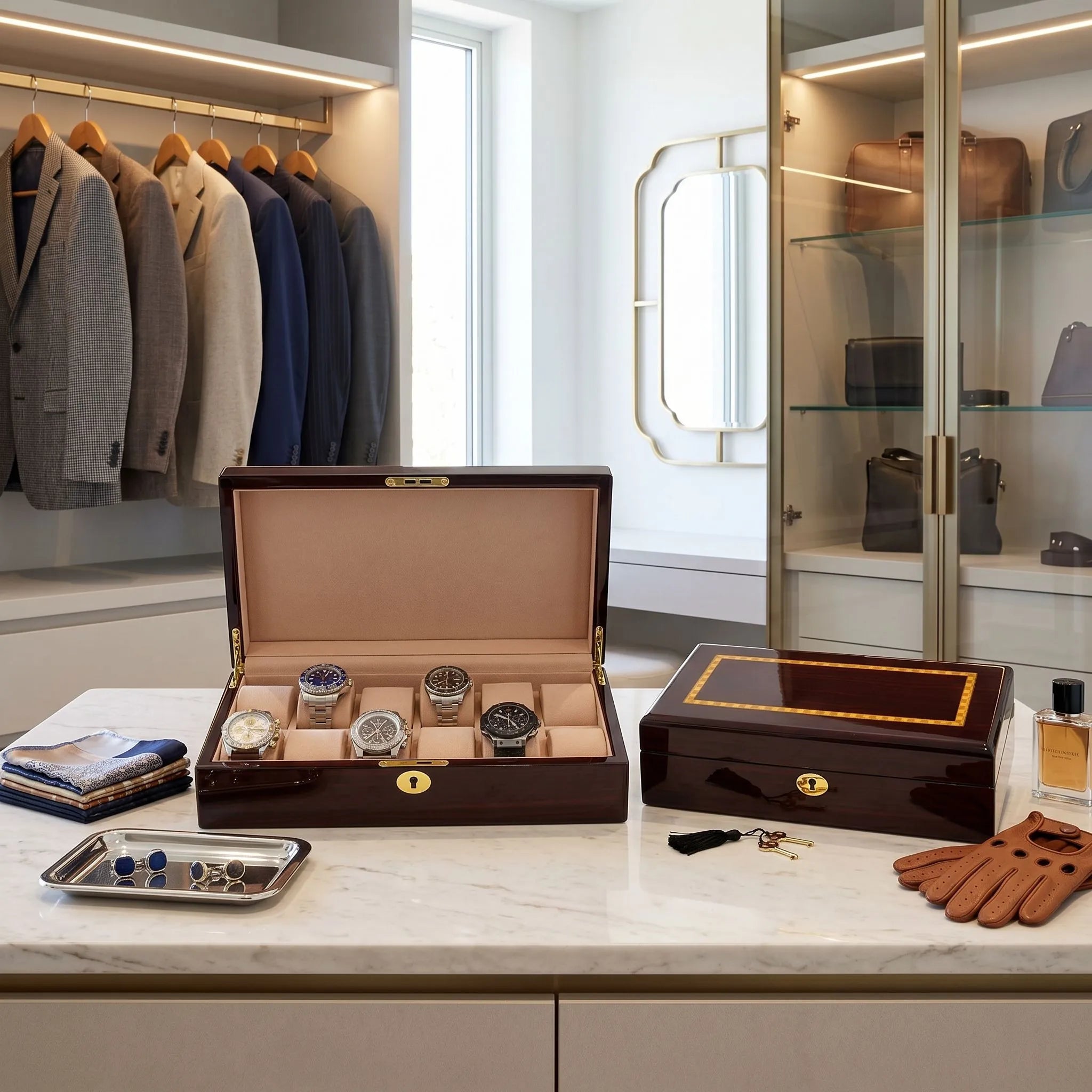 Elegant cherry wood 12-watch box with high-gloss piano finish in a bright modern dressing room.