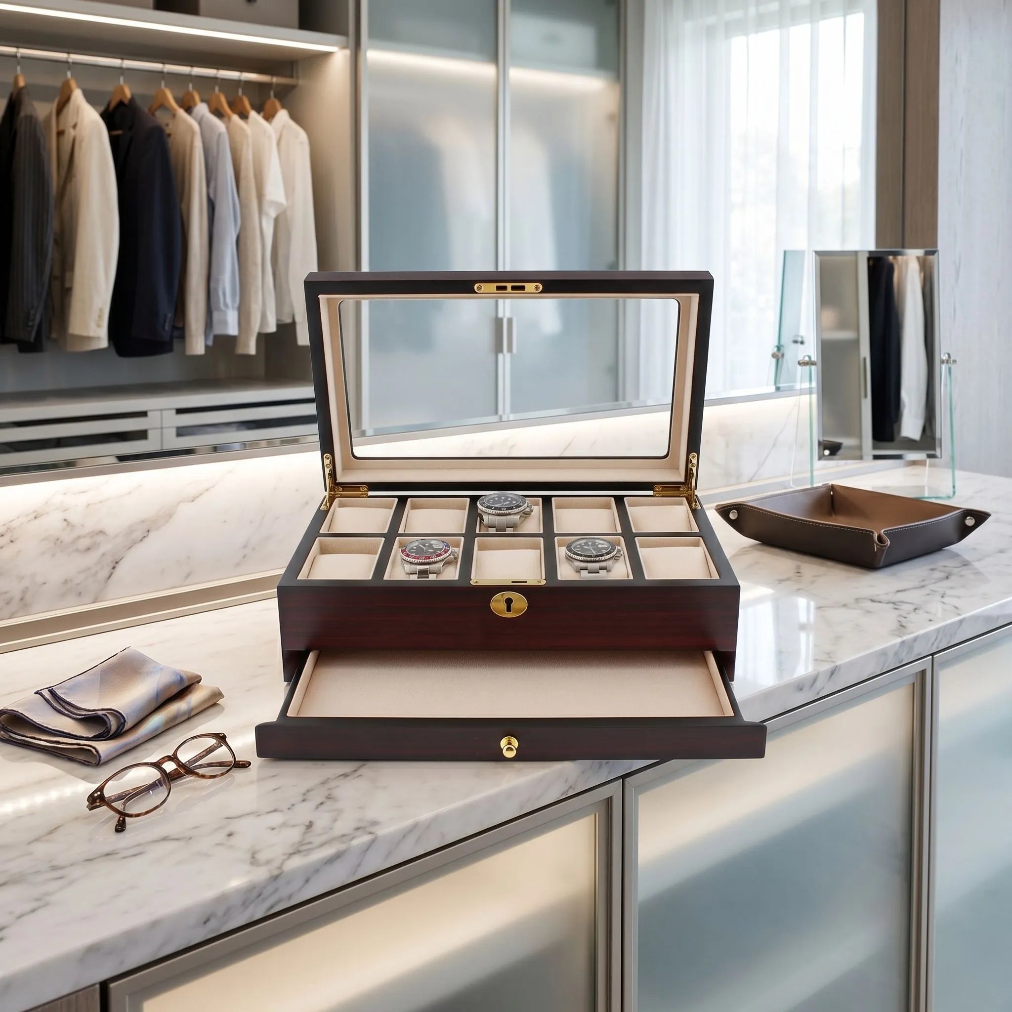 Close-up front view of a cherry wood watch box with satin finish in a modern dressing room, highlighting cushioned watch slots and elegant texture.
