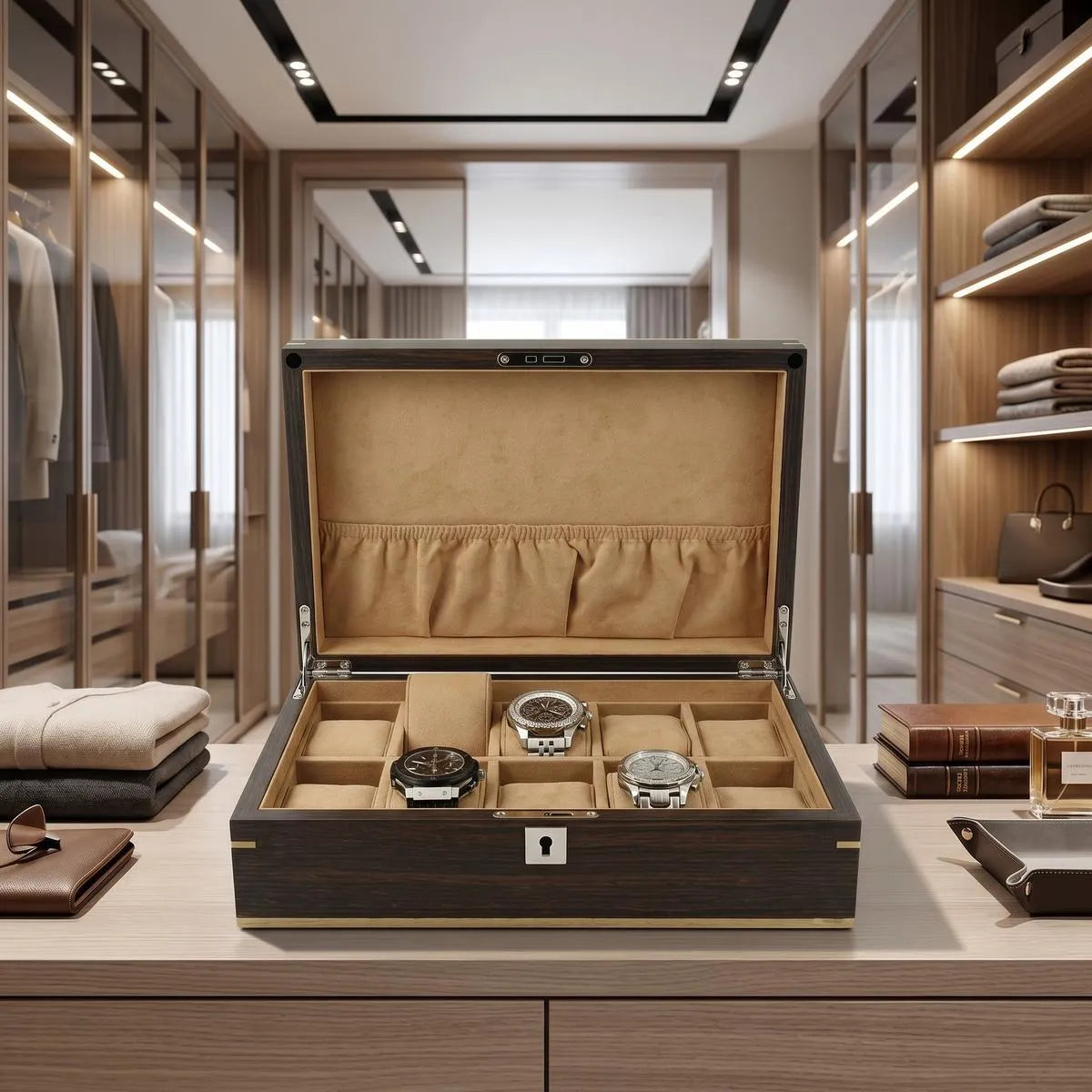 Elegant dark walnut wood watch box with 10 compartments and glass lid, displayed in a luxurious walk-in dressing room.