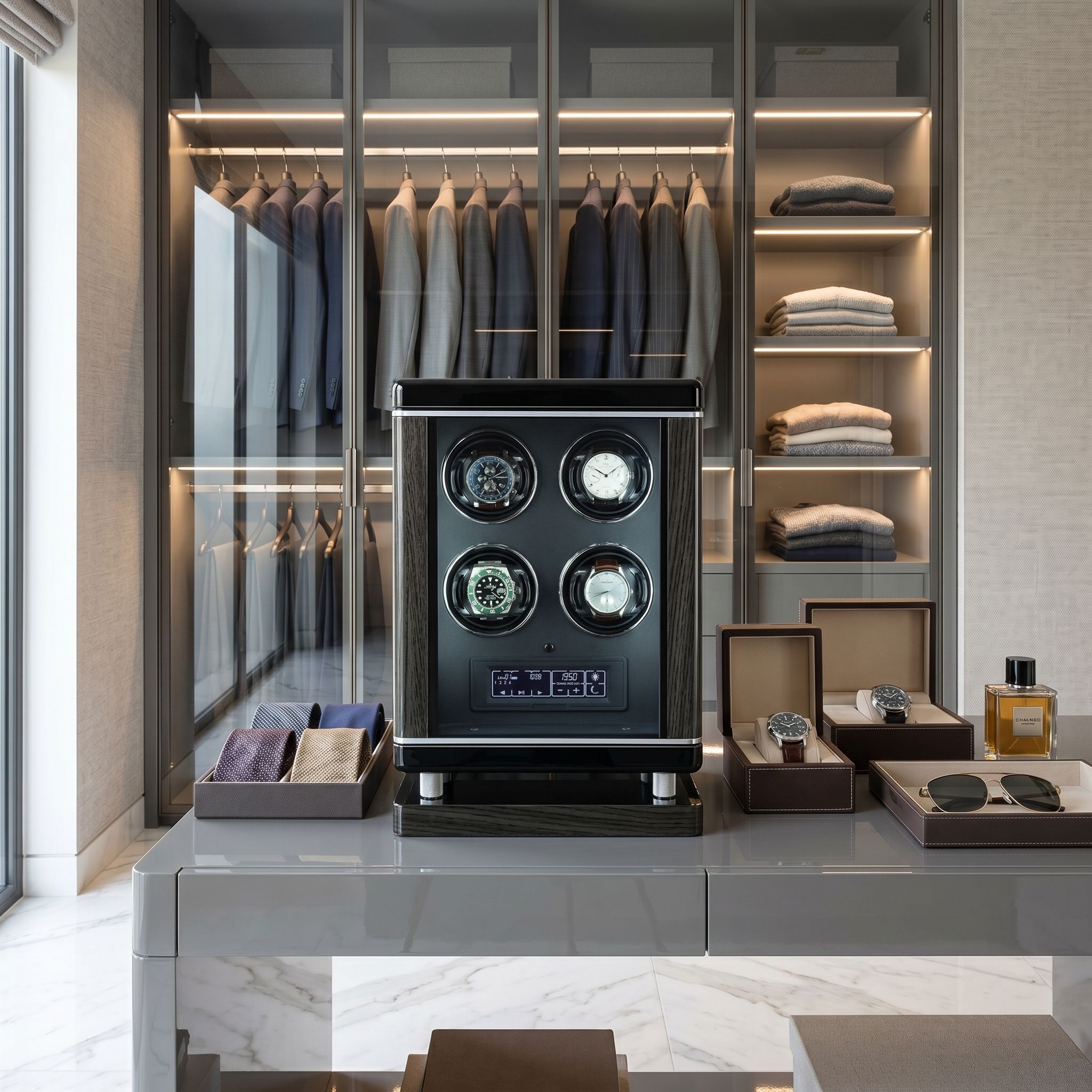 Elegant 4 Watch Winder with biometric lock and digital controls in bright luxurious dressing room.