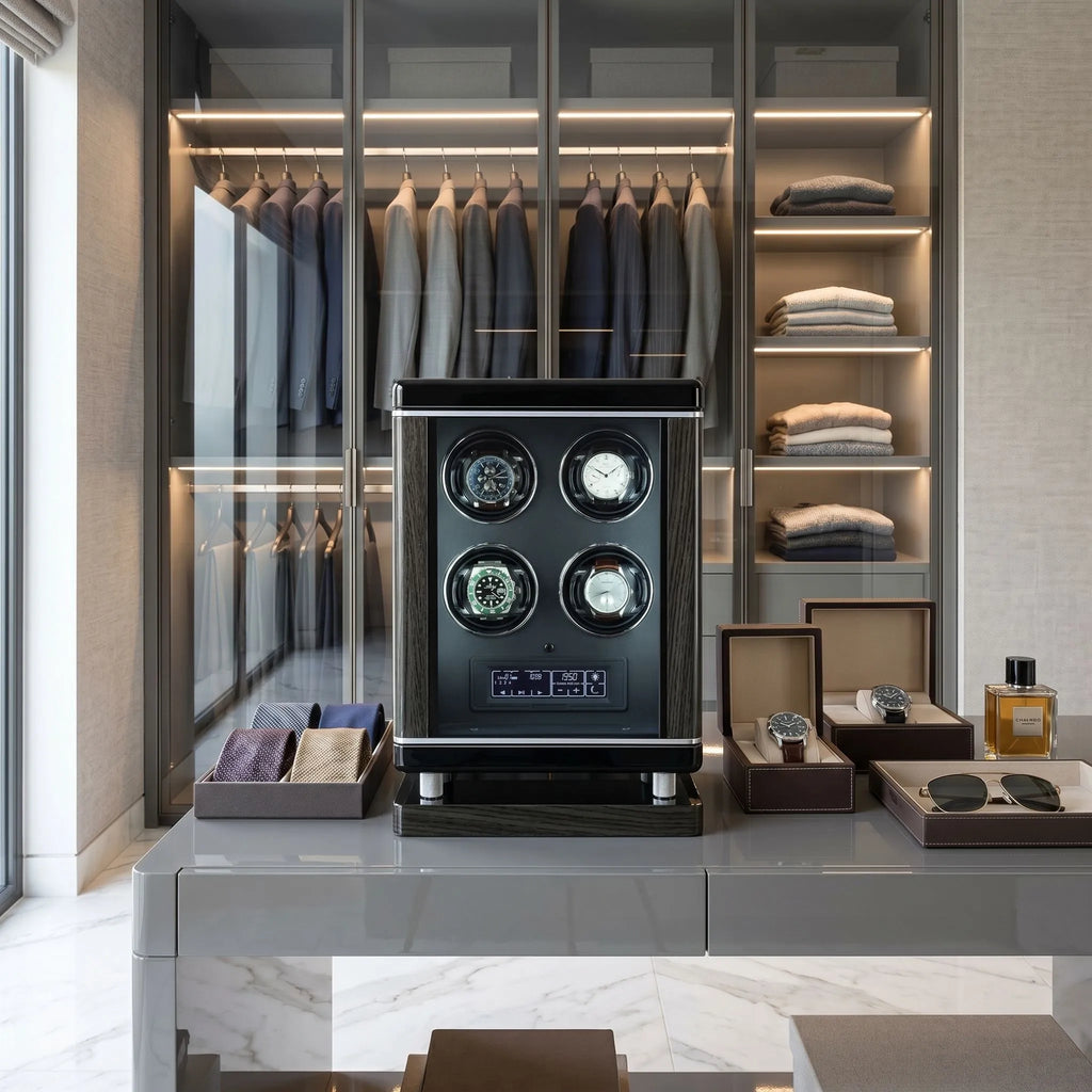 Elegant 4 Watch Winder with biometric lock and digital controls in bright luxurious dressing room.