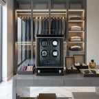 Elegant 4 Watch Winder with biometric lock and digital controls in bright luxurious dressing room.