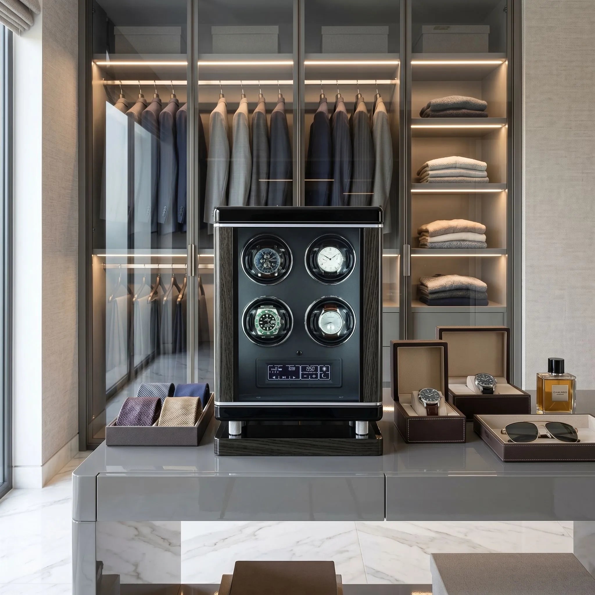Elegant 4 Watch Winder with biometric lock and digital controls in bright luxurious dressing room.