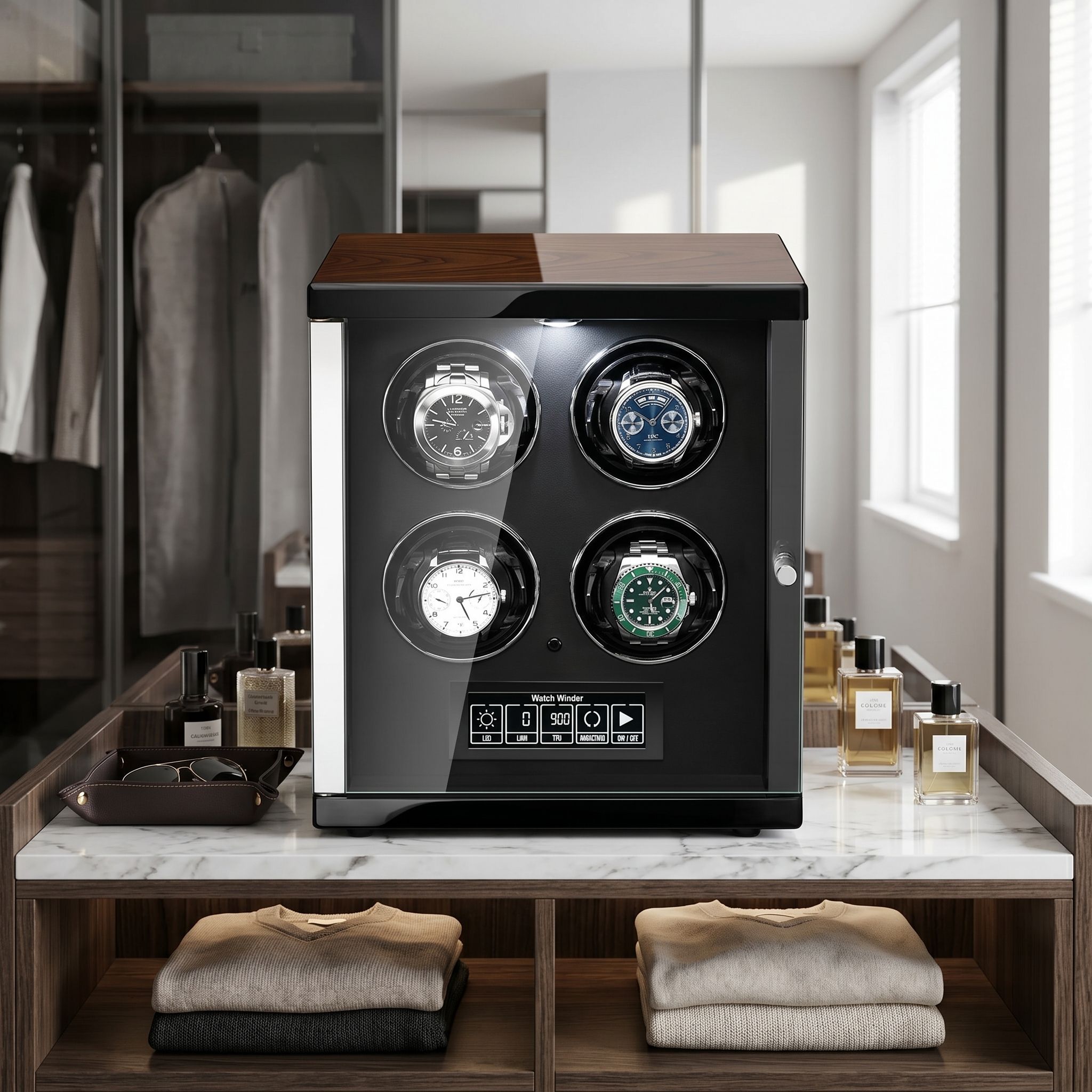 Front view of Tempus 4 Watch Winder in a bright, luxury dressing room showing sleek design, touch screen, and leather interior.