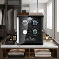 Front view of Tempus 4 Watch Winder in a bright, luxury dressing room showing sleek design, touch screen, and leather interior.