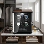 Front view of Tempus 4 Watch Winder in a bright, luxury dressing room showing sleek design, touch screen, and leather interior.