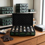 Close-up of luxurious green 24-watch briefcase by Tempus, showing textured finish, lock mechanism, and lift-out tray in modern dressing room.