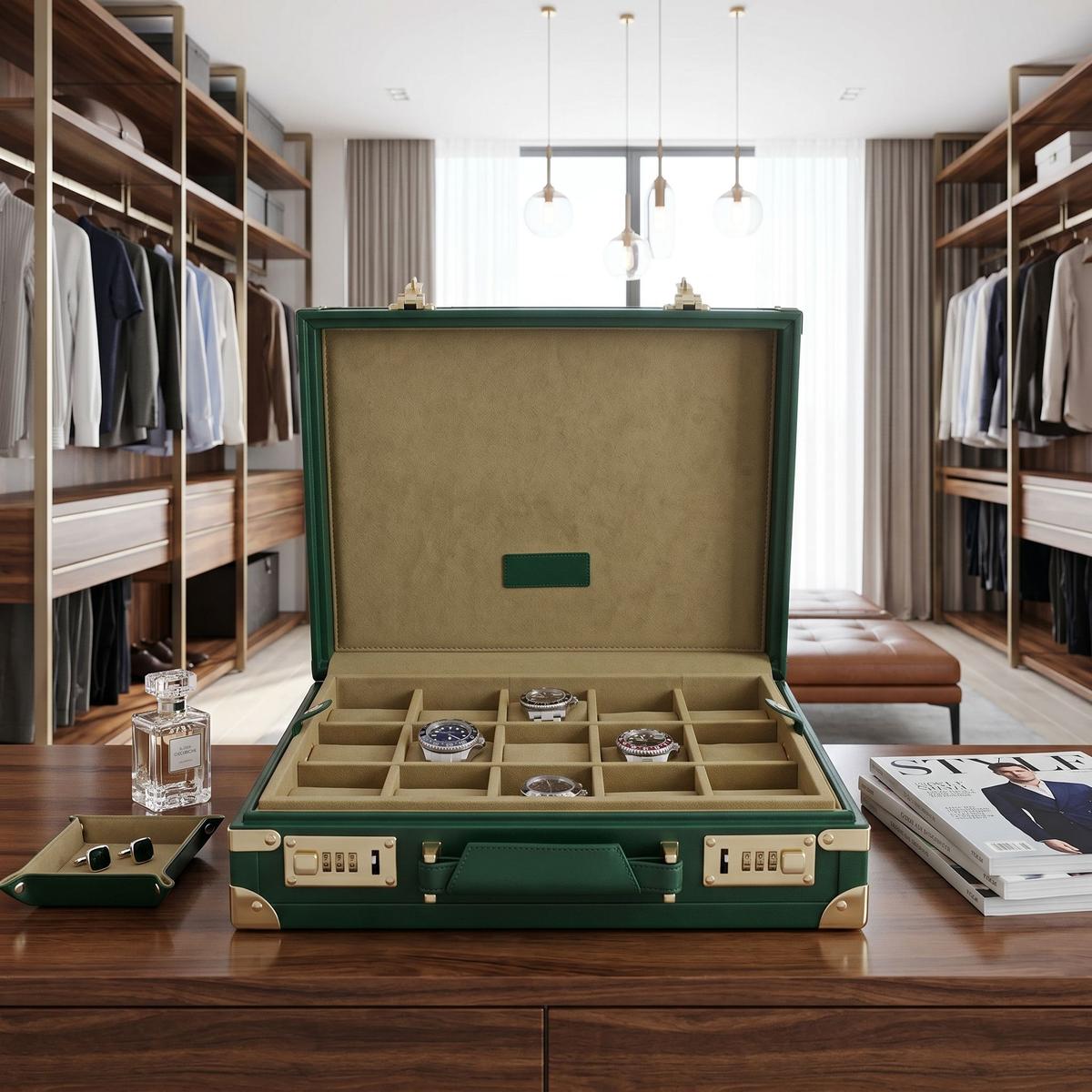 Close-up of green leather 15 watch briefcase by Tempus showing polished exterior and stitching in a bright luxurious dressing room.