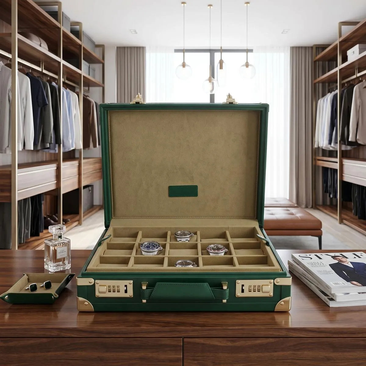 Close-up of green leather 15 watch briefcase by Tempus showing polished exterior and stitching in a bright luxurious dressing room.