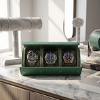 Close-up of the green vegan leather watch roll by Tempus showing textured details and suede lining in a bright walk-in dressing room setting.