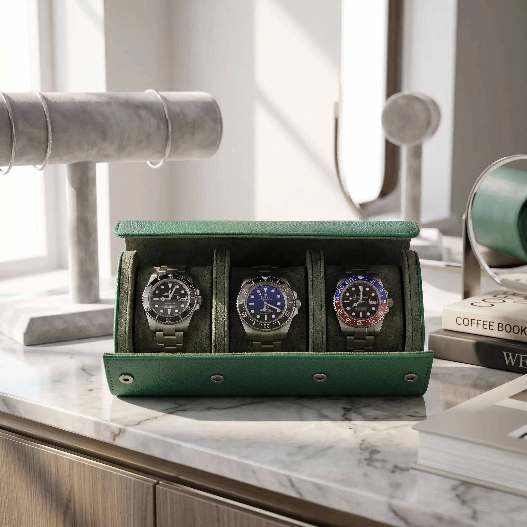 Close-up of the green vegan leather watch roll by Tempus showing textured details and suede lining in a bright walk-in dressing room setting.