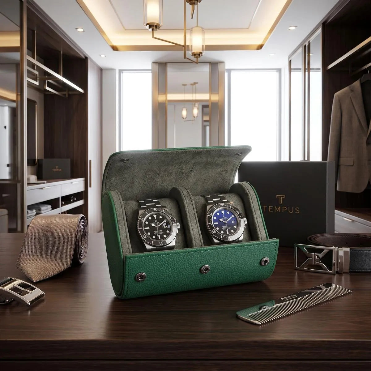 Close-up of a green vegan leather watch roll with suede lining in a walk-in dressing room setting, highlighting texture and craftsmanship.