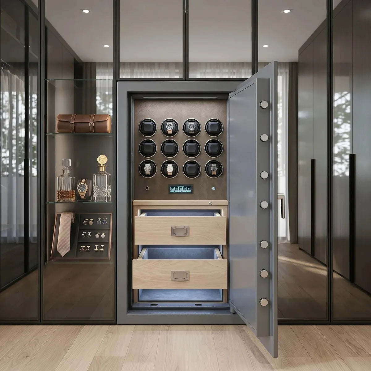 Open grey 12-watch winder safe with light wood drawers, displaying watches and luxury items in a modern closet.