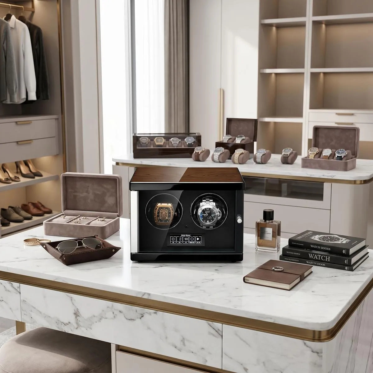 High-quality view of Tempus 2 watch winder in a bright modern dressing room with elegant props, showcasing sleek exterior and touch screen.