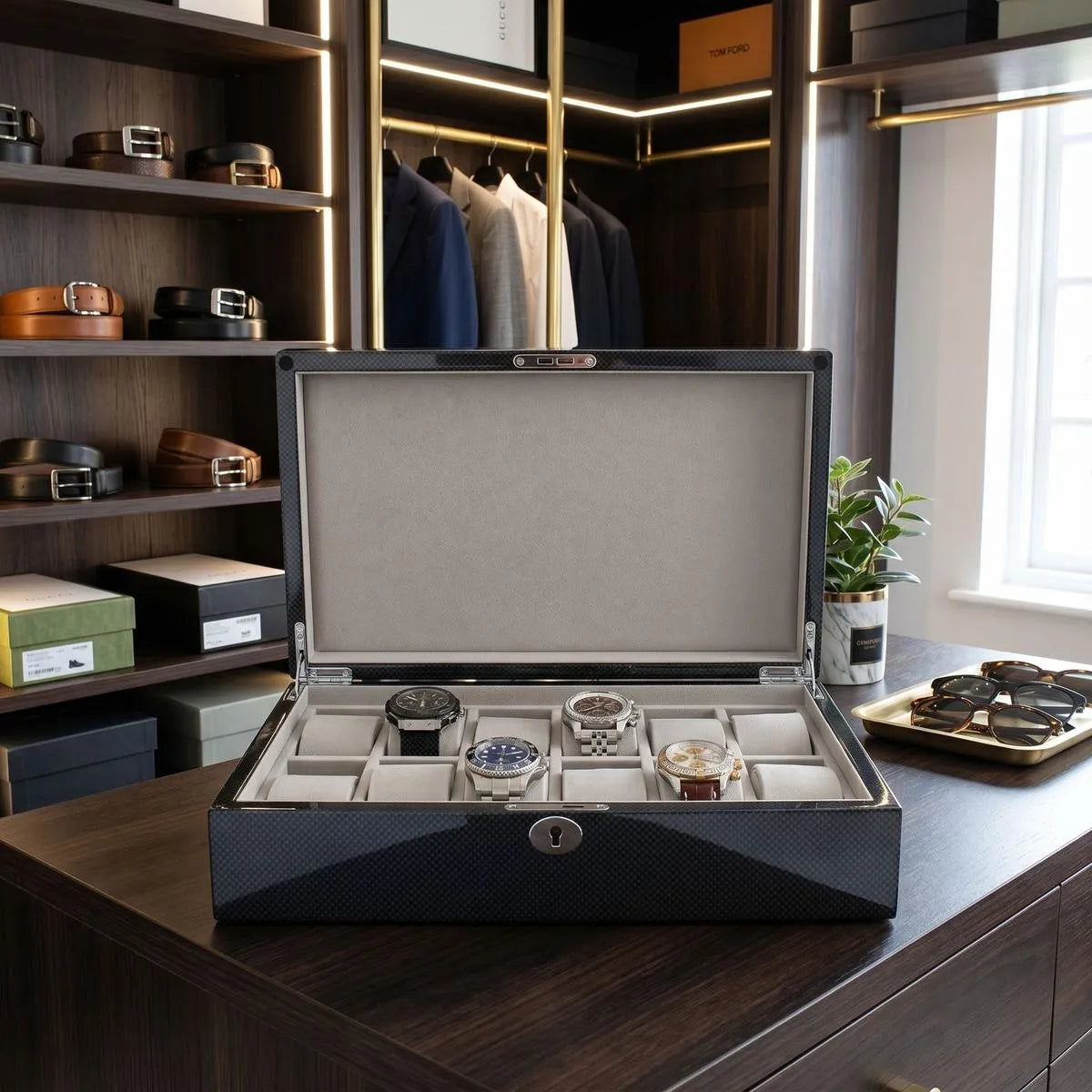 Close-up of 12-watch box with curved solid lid in carbon fibre finish, showing textured surface and plush interior in a modern dressing room environment.