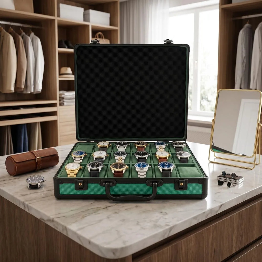 Close-up of green aluminium-look 18-watch briefcase with lock and lift-out tray in a stylish walk-in dressing room.