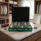 Close-up of green aluminium-look 18-watch briefcase with lock and lift-out tray in a stylish walk-in dressing room.