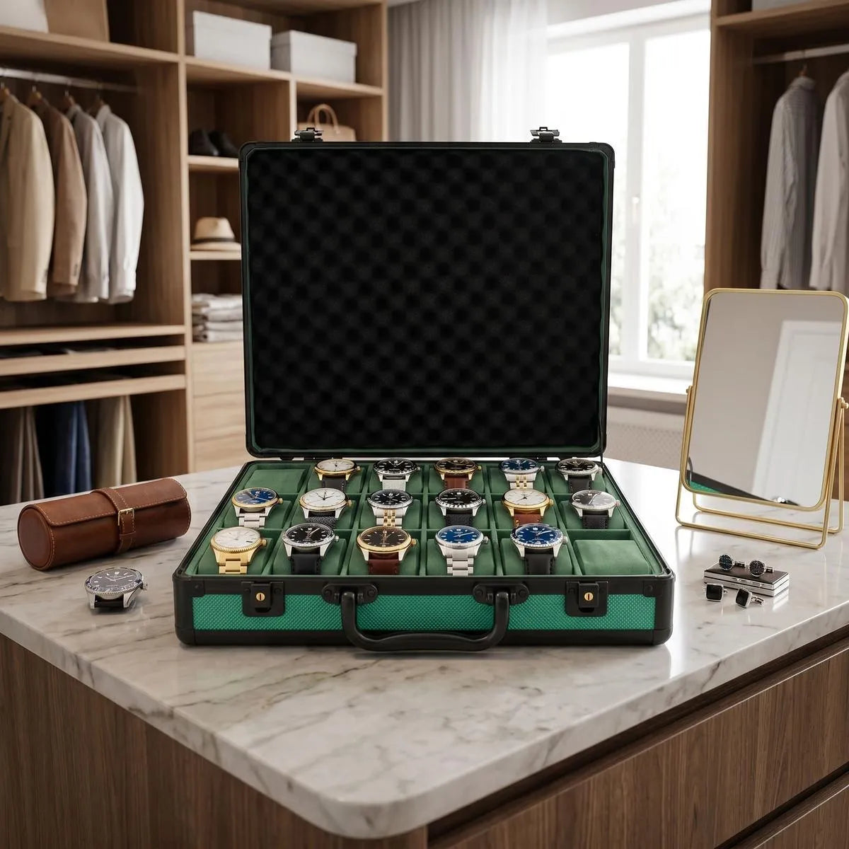Close-up of green aluminium-look 18-watch briefcase with lock and lift-out tray in a stylish walk-in dressing room.