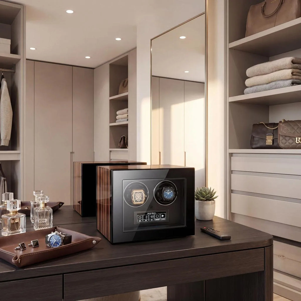 Tempus 2 watch winder with touch screen in a bright, modern dressing room surrounded by horology tools and plush display trays.