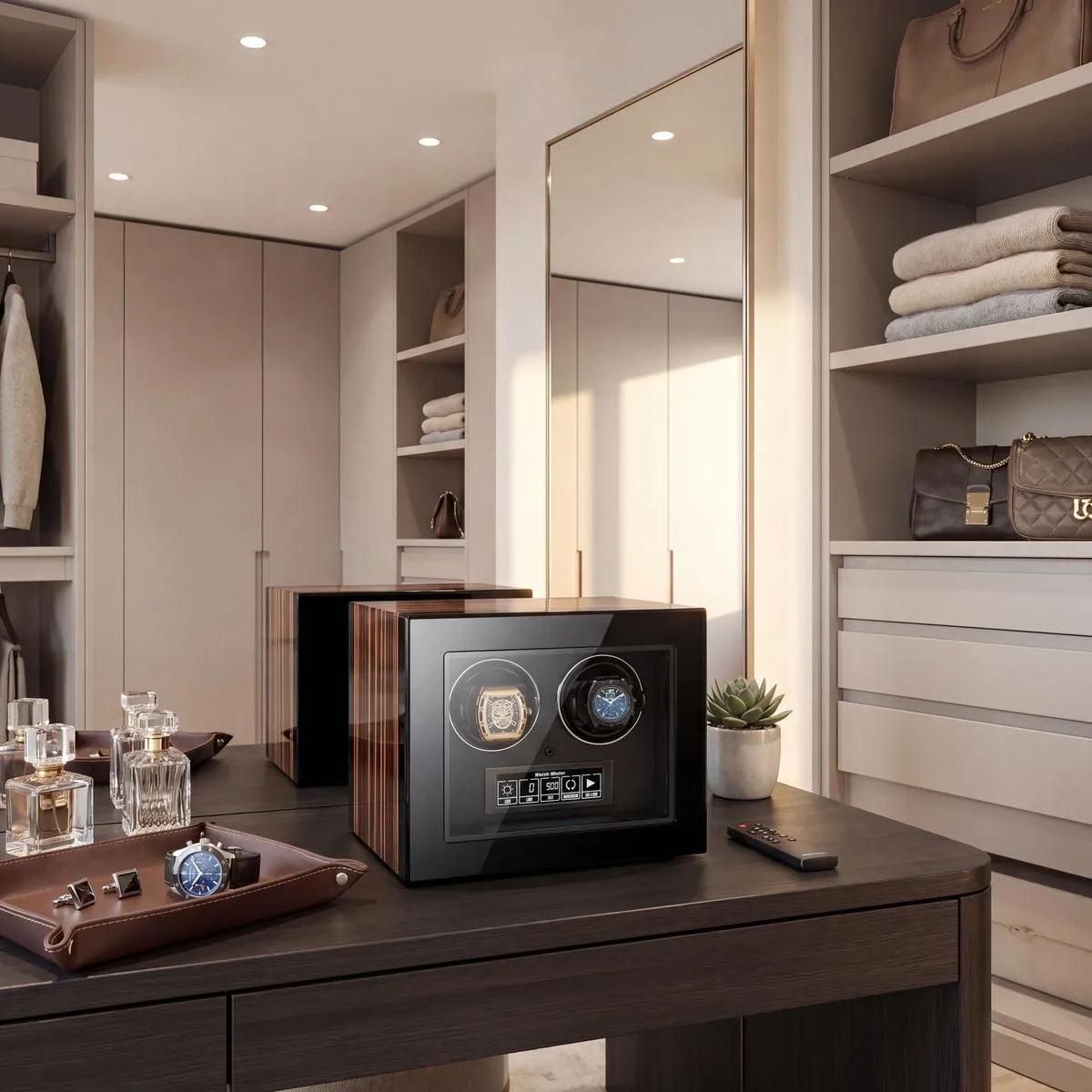 Tempus 2 watch winder with touch screen in a bright, modern dressing room surrounded by horology tools and plush display trays.