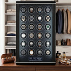 Front view of Tempus 24 watch winder in a bright modern dressing room, highlighting biometric lock and touchscreen.
