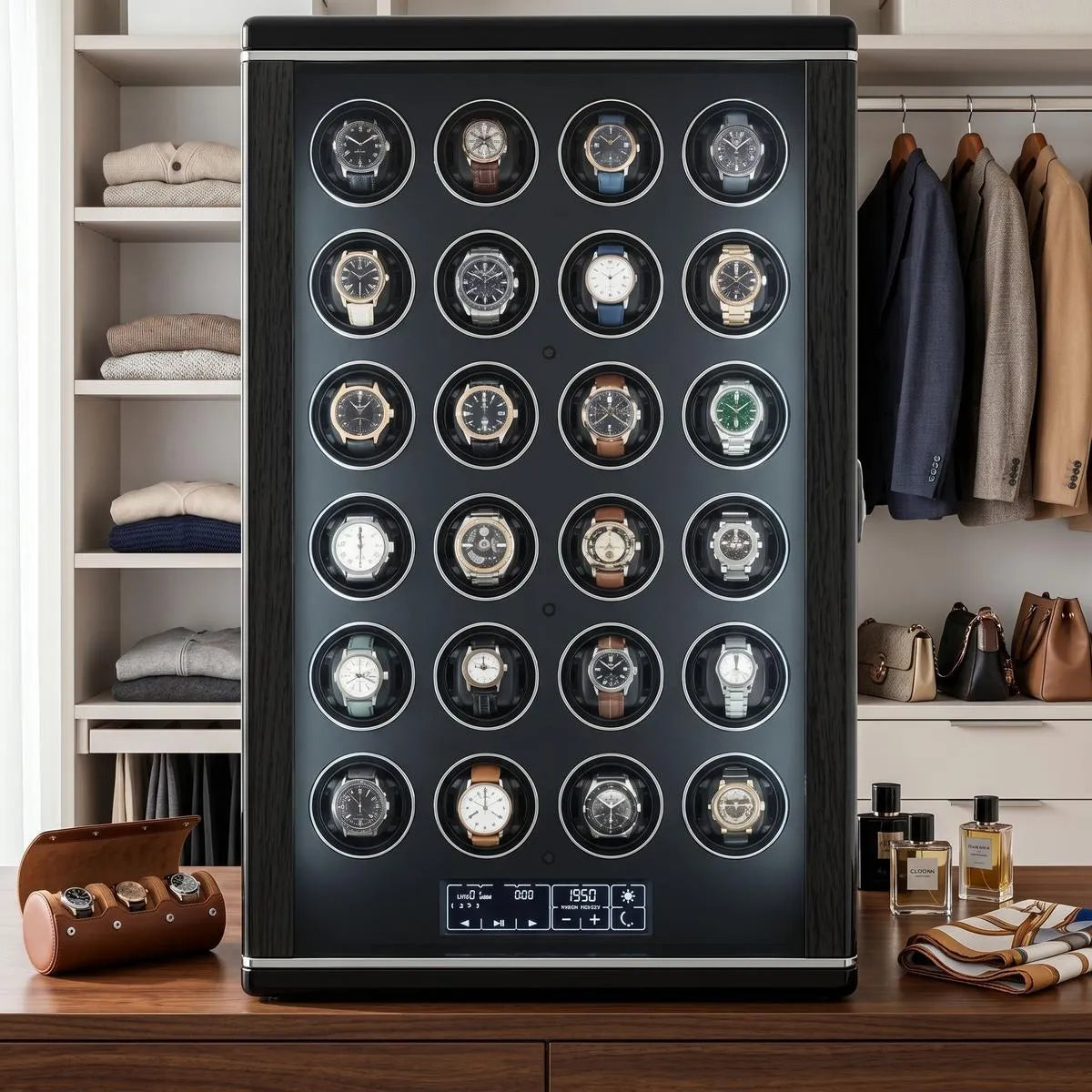 Front view of Tempus 24 watch winder in a bright modern dressing room, highlighting biometric lock and touchscreen.