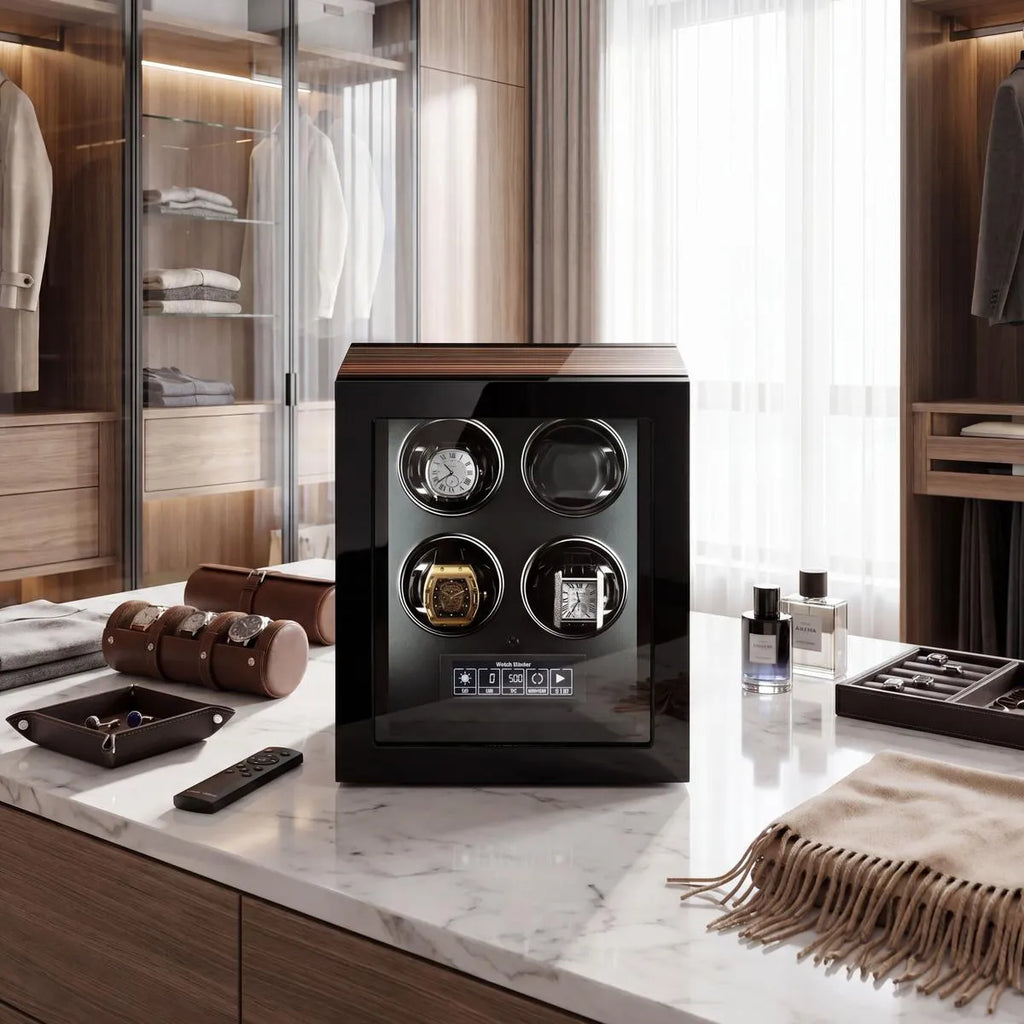 Elegant Tempus 4 watch winder on white marble countertop in a bright modern dressing room with accessories and soft lighting.